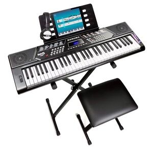 RockJam 61 Key Keyboard Piano Stand With Pitch Bend Kit, Piano Bench, Headphones
